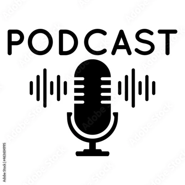 Obraz The microphone icon in a fashionable flat style is isolated against the background. Logo, application, user interface. Podcast radio icon. Studio microphone table broadcast podcast text.