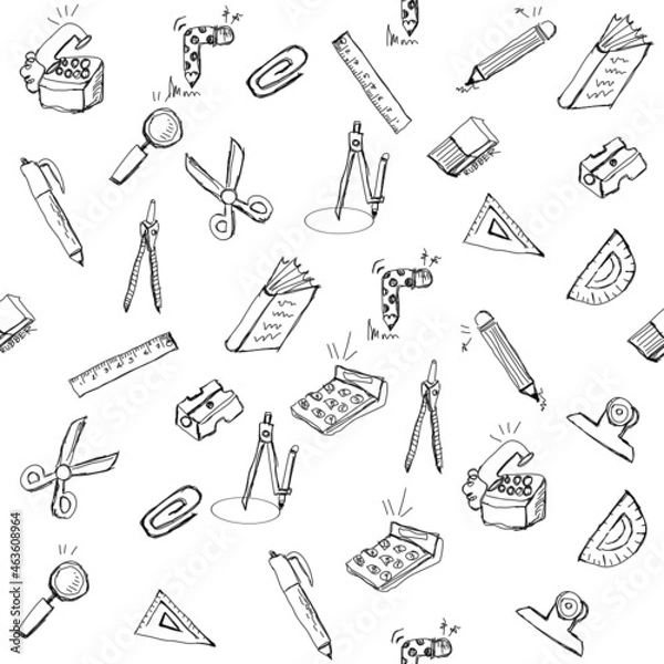 Fototapeta school supplies Student stationery, pen, ruler, eraser, compass, calculator, pencil, scissors, phone, eraser, magnifying glass, sharpener, paperclip, book, arranged in background.
