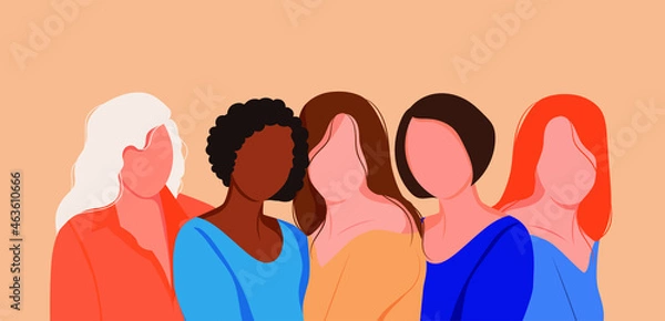 Fototapeta Five young strong confident women standing together. Unity and friendship of women of different nationalities. A group of friends or feminist activists support each other Feminism and asexual love con