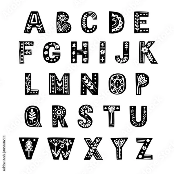 Obraz Decorative alphabet in Scandinavian style. Vector lettering, folk style. 