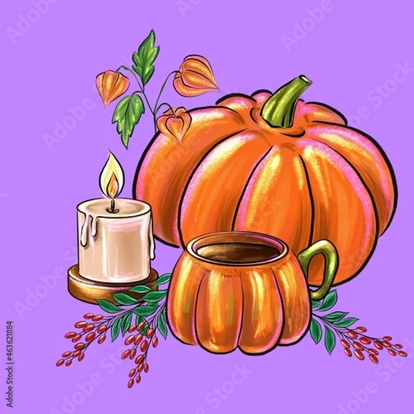 Obraz Sketch with pumpkin, cup, candles, sprigs of barberry, physalis and corn. Can be used for postcards, banners, congratulations. Digital illustration.