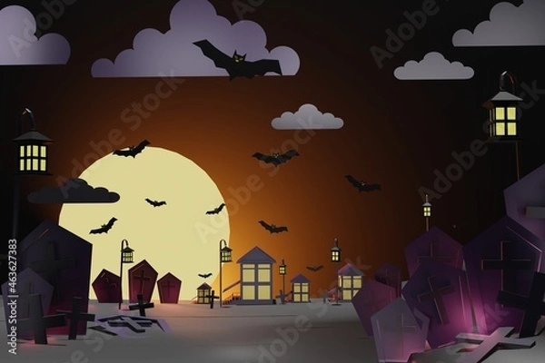 Fototapeta Happy Halloween, the village is full of bats in the sky, graves, on the night of the big full moon. for background, image 3D rendering