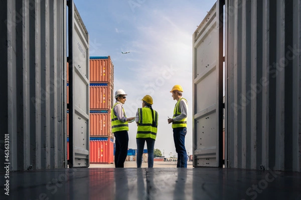 Fototapeta Group of staff worker standing and checking the containers box from cargo ship for export and import