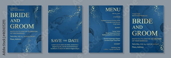 Fototapeta Modern watercolor background or elegant card design for birthday invite or wedding or menu with abstract navy blue ink waves and golden splashes.
