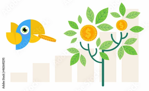 Obraz Investment growth tree vector illustration of income profit of a businessman money coins on a tree and a bird carries a coin. Cartoon flat commerce and business income concept.