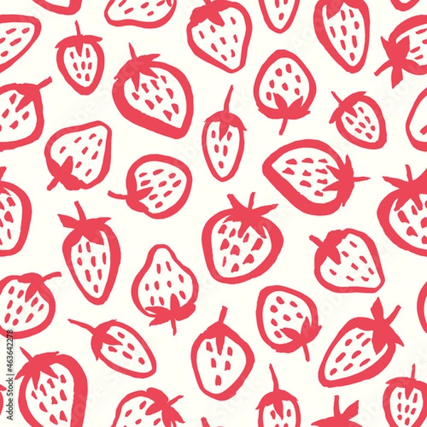 Fototapeta Strawberry semless pattern. Vector hand drawn background with red berry for children textile.