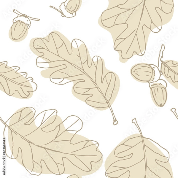 Obraz Beige oak outline leaves and acorns in white background. Seamless vector pattern