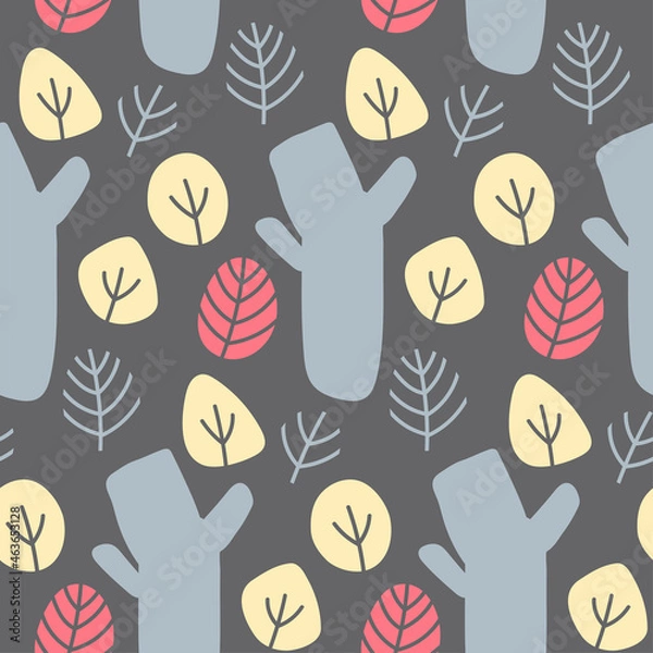 Fototapeta Vector autumn seamless pattern  on a grey background. Autumn leaves, branches and trees in red, blue and yellow. Flat and doodle. Suitable for cards,  paper and others