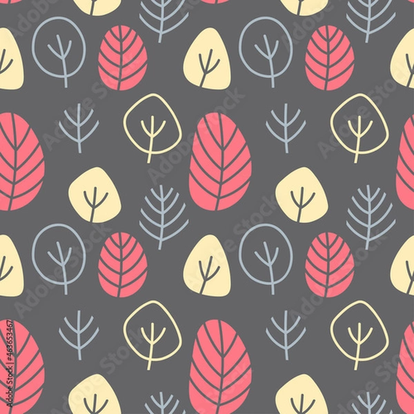 Obraz Vector autumn seamless pattern  on a grey background. Autumn leaves and branches in red, blue and yellow. Flat and doodle. Suitable for cards,  paper and others