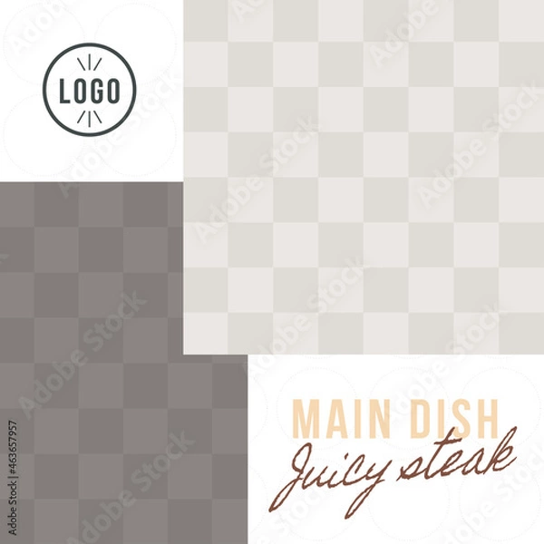 Obraz Square universal template for print, web and social networks. Photo collage for two photos with logo and handwritten lettering. Theme restaurants. Trend vector illustration.