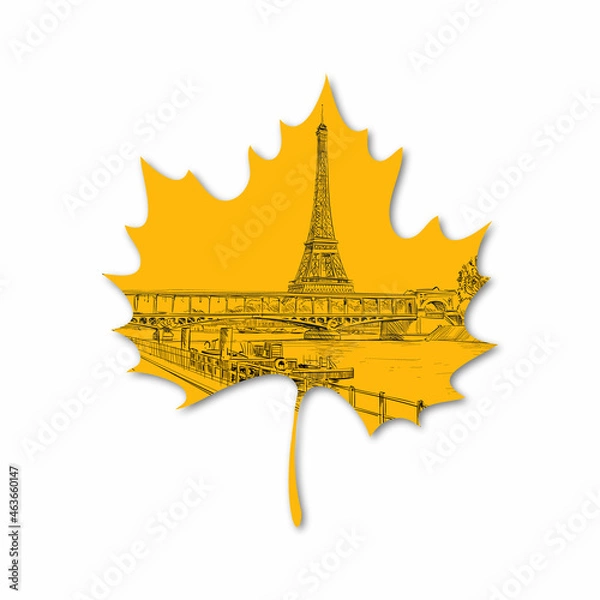 Fototapeta Autumn leaf on which is depicted Eiffel Tower. Paris, France. Hand drawn vector illustration