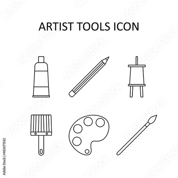 Fototapeta Vector illustration with palette, easel, tube of paint, paint brush, pencil. Linear icon.