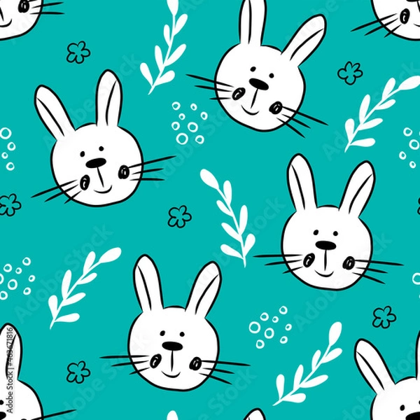 Fototapeta Seamless pattern with cute hand drawn bunny head in doodle style,easter illustration with rabbit,holiday decoration,print for wrapping paper,textile and fabric,kids and baby fashion,nursery design. 