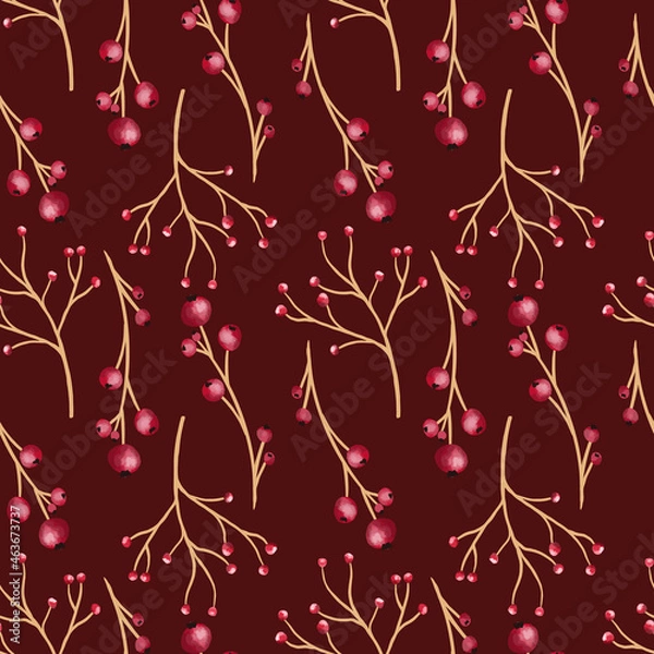 Fototapeta New year seamless pattern with branches, berries and flowers.