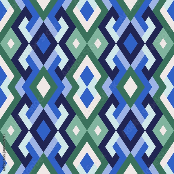 Fototapeta Abstract seamless pattern. Vector geometric background of triangles in green and blue colors. Mosaic texture for textile, clown, carpeting, warp, book cover, clothes
