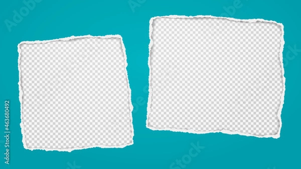 Fototapeta Turquise squares hole composition in paper with torn edges and soft shadow are on squared background. Vector illustration