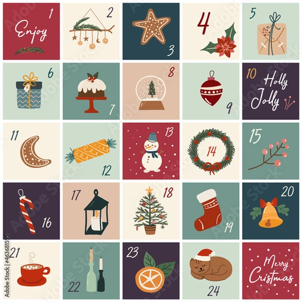 Obraz Christmas advent calendar with hand drawn elements. Xmas Poster. Vector illustration on white background