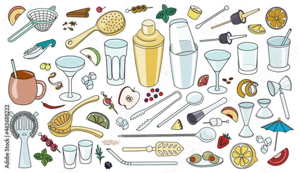 Fototapeta Various bar cocktail tool accessories instruments such as shaker glasses strainers jiggers. Collection set of hand-drawn doodle cartoon style vector icon illustrations. For bar menu website design
