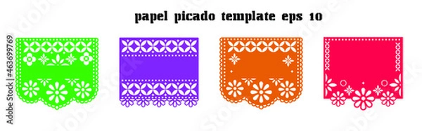 Fototapeta Mexican Papel Picado vector template. design of four colorful Mexican traditional art vectors with blank text to use as a template or mockup. eps 10