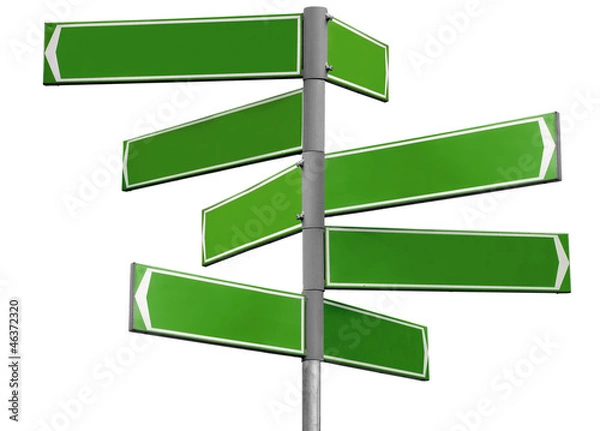 Obraz Blank green direction sign with 8 arrows isolated on white
