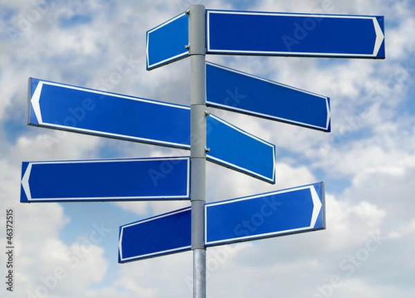 Obraz Blank blue direction sign with 8 arrows isolated on sky