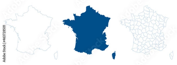 Obraz France map vector. High detailed vector outline, blue silhouette and administrative departments. All isolated on white background