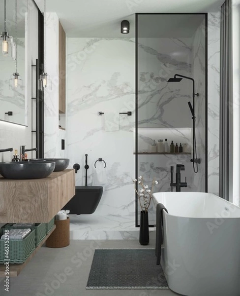 Fototapeta 3d rendering of marble bathroom with bathtub and shower