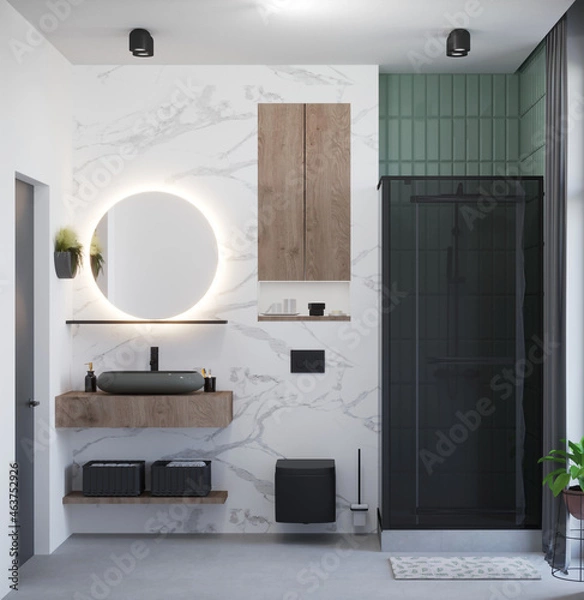 Fototapeta 3d rendering of marble bathroom with green mint tile