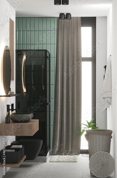 Fototapeta 3d rendering of marble bathroom with green mint tile