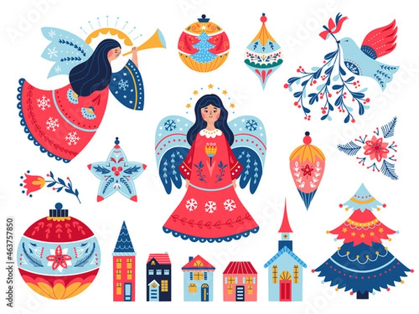 Obraz Christmas angel decor balls tree mistletoe set