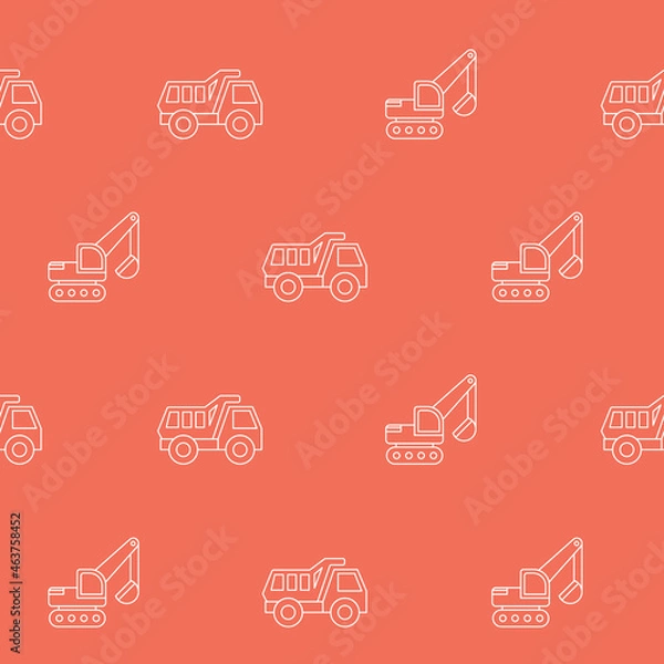 Fototapeta Wrapping paper - Seamless pattern of dump truck and excavator symbols for vector graphic design