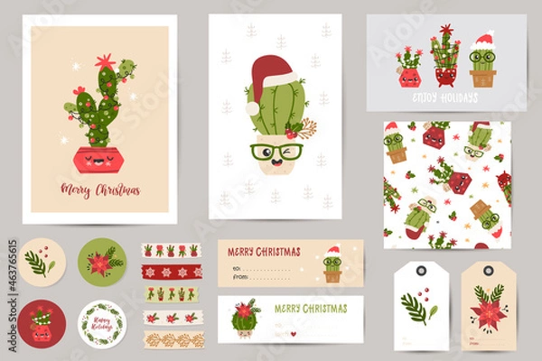 Fototapeta Christmas set with Christmas cards, notes, stickers, labels, stamps, tags with cacti.