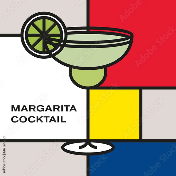 Fototapeta Margarita cocktail in margarita glass. Modern style art with rectangular color blocks. Piet Mondrian style pattern.