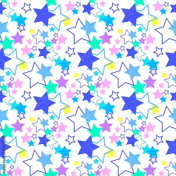 Obraz Seamless pattern with blue and lilac stars on a white background. Use for fabric, wrapping paper, wallpaper, print, backdrops, baby clothes, napkins, bags, merchandise, clothing, and artwork.