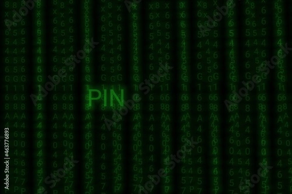 Obraz Pin text writing on black with binary code background,hacking information technology concept,Hack pin and data,scam