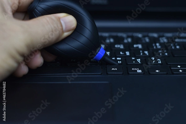 Fototapeta Cleaning the keyboard with a small inflatable ball.