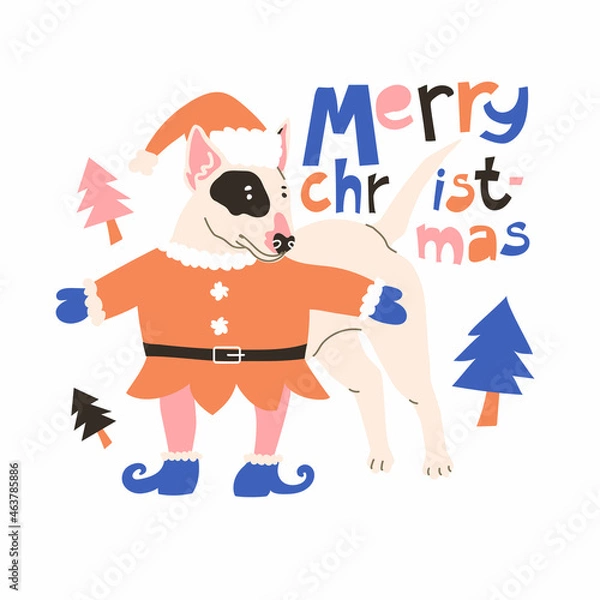 Fototapeta Butterier Dog in festive elf costume. Quote Merry Christmas. Celebrating Holiday and Newyear. Vector illustration in flat style. Isolated in white background. Christmas tree, doggy, masquerade. 
