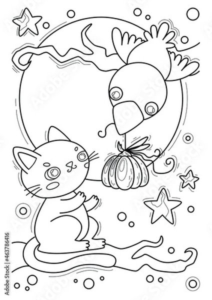 Obraz Coloring page with cat and crow, hand-drawn vector illustration.