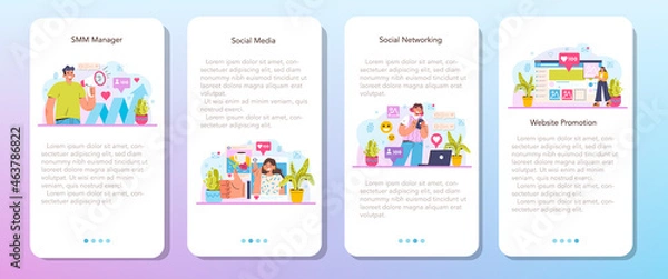 Fototapeta SMM mobile application banner set. Social media marketing, advertising