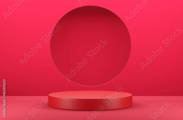 Fototapeta Circle podium on red scene, Geometric background concept, 3d render and illustration.