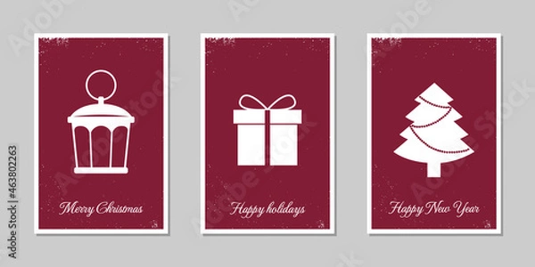 Obraz Set of Christmas cards with hanging ball decoration, lantern, tree, gift. A set of vintage frayed postcards. Flat design, vector illustration.