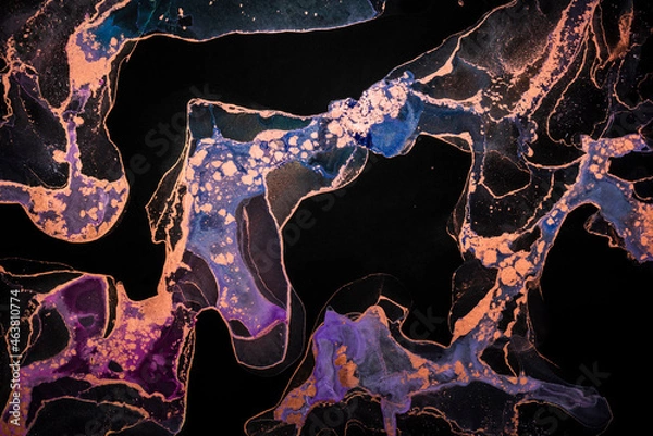 Fototapeta Abstract fluid art painting background in alcohol ink technique, mixture of blue, purple and gold paints on black background. Transparent overlayers of ink create lines and gradients. 