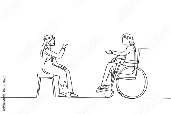 Fototapeta Single continuous line drawing two Arabian people sitting chatting, one using chair, one using wheelchair. Friendly man are talking to each other, human disabled society. One line draw design vector
