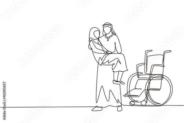 Fototapeta Single one line drawing loving Arab son took his old disabled mother from wheelchair carrying her in his arms. Happy senior lady in hugs of her strong child. Continuous line draw design graphic vector