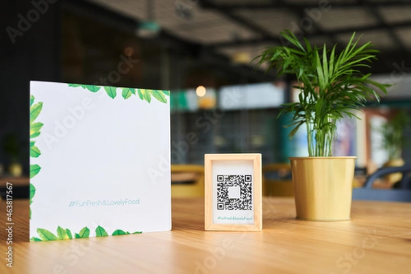 Fototapeta Banner and QR code in restaurant