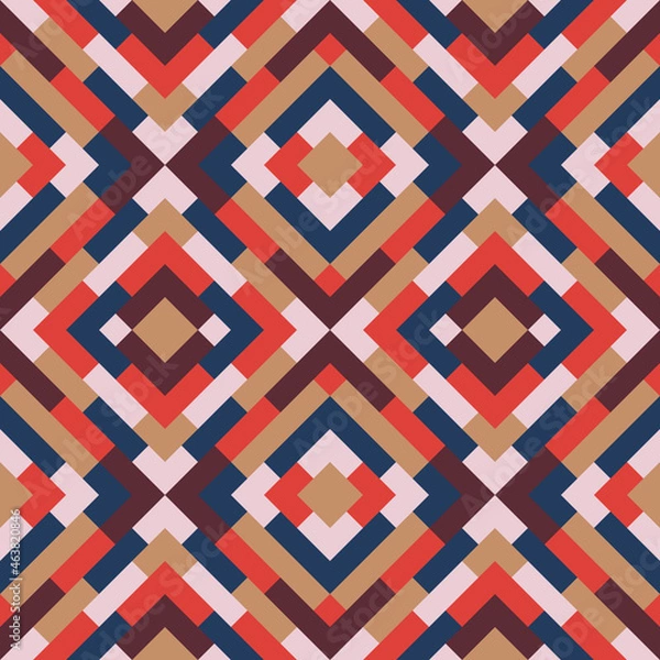 Fototapeta Abstract seamless pattern. Vector geometric background of triangles in blue and dark orange colors. Mosaic texture for textile, clown, carpeting, warp, book cover, clothes