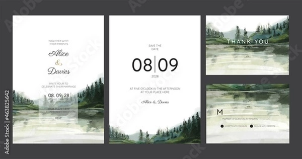 Fototapeta wedding invitation with mountain view watercolor background