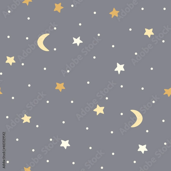 Fototapeta Seamless pattern of the starry sky on a gray background. Moon and stars.