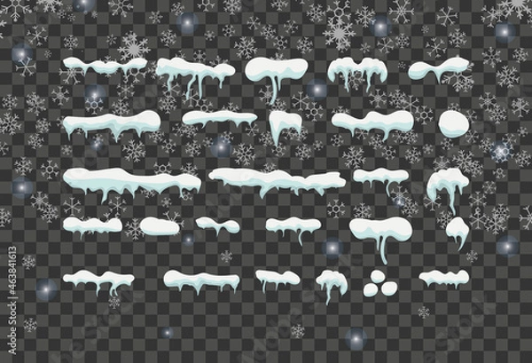 Fototapeta Snow caps, snowballs and drifts set. Collection of snow caps vectors. Snowfall and snowflakes in motion. Flat. Vector illustration