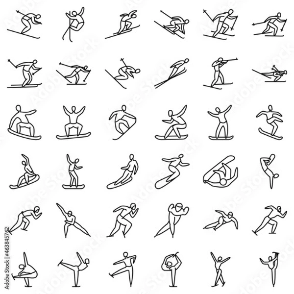 Fototapeta Winter sports - skier, speed skater, figure skating, ice skating, snowboarder. Icon set, vector, outline, isolated, 48x48 pixel.